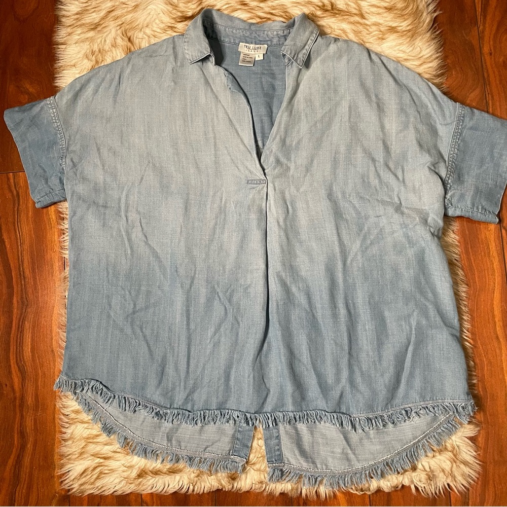 Chambray Button Back Split Neck Top - image 3